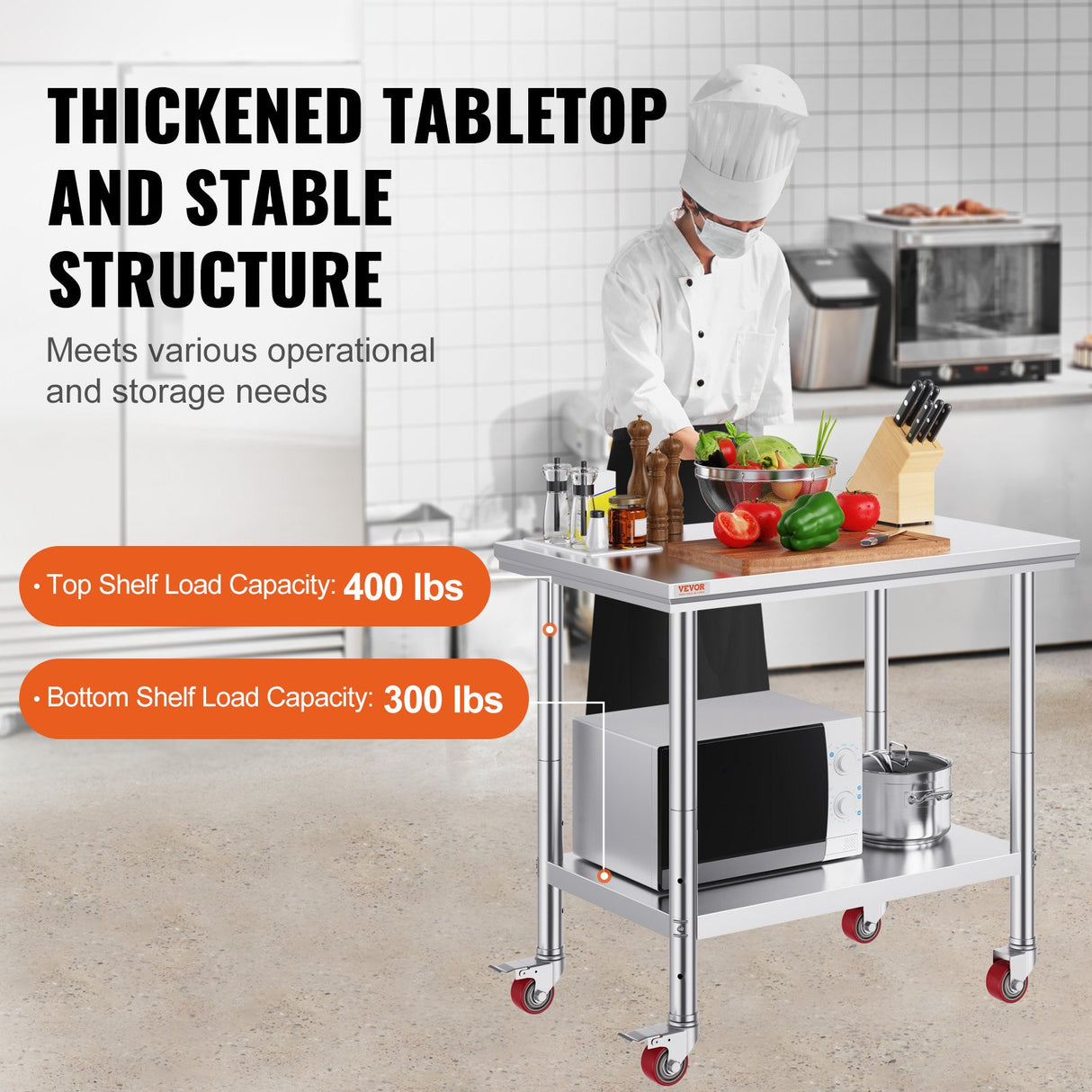 VEVOR Stainless Steel Work Table 36x24 Inch with 4 Wheels Commercial Food Prep Worktable with Casters Heavy Duty Work Table for Commercial Kitchen Restaurant
