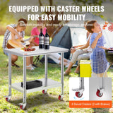 VEVOR Stainless Steel Work Table 36x24 Inch with 4 Wheels Commercial Food Prep Worktable with Caster