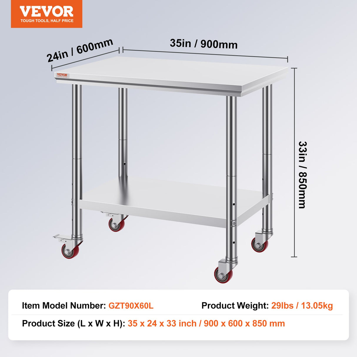 VEVOR Stainless Steel Work Table 36x24 Inch with 4 Wheels Commercial Food Prep Worktable with Caster