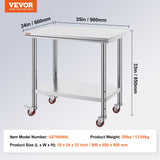 VEVOR Stainless Steel Work Table 36x24 Inch with 4 Wheels Commercial Food Prep Worktable with Caster