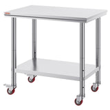 VEVOR Stainless Steel Work Table 36x24 Inch with 4 Wheels Commercial Food Prep Worktable with Caster