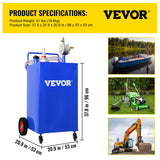 VEVOR 114L Fuel Caddy, Gas Storage Tank & 4 Wheels, with Manuel Transfer Pump, Gasoline Diesel Fuel Container for Cars, Lawn Mowers, ATVs, Boats, More, Blue - Close-Up Angle