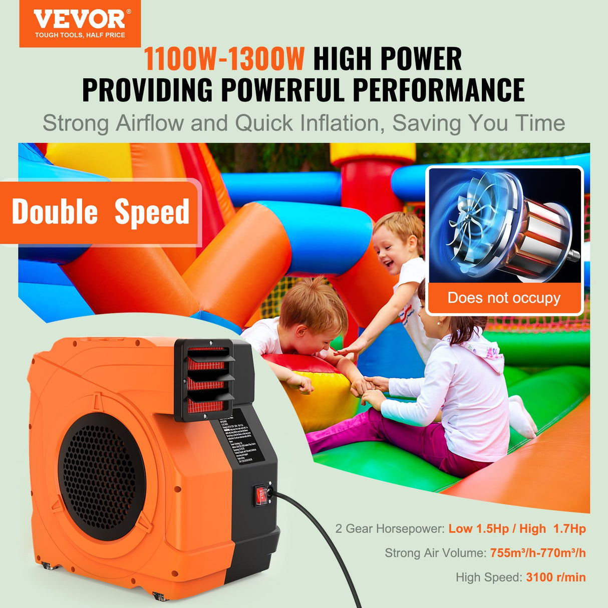 VEVOR Inflatable Blower, 1100W, 1.5 & 1.7 HP Bounce House Blower, Pump Commercial Air Blower for Inflatables, 3100 RPM Bouncy Castle Electric Fan for
