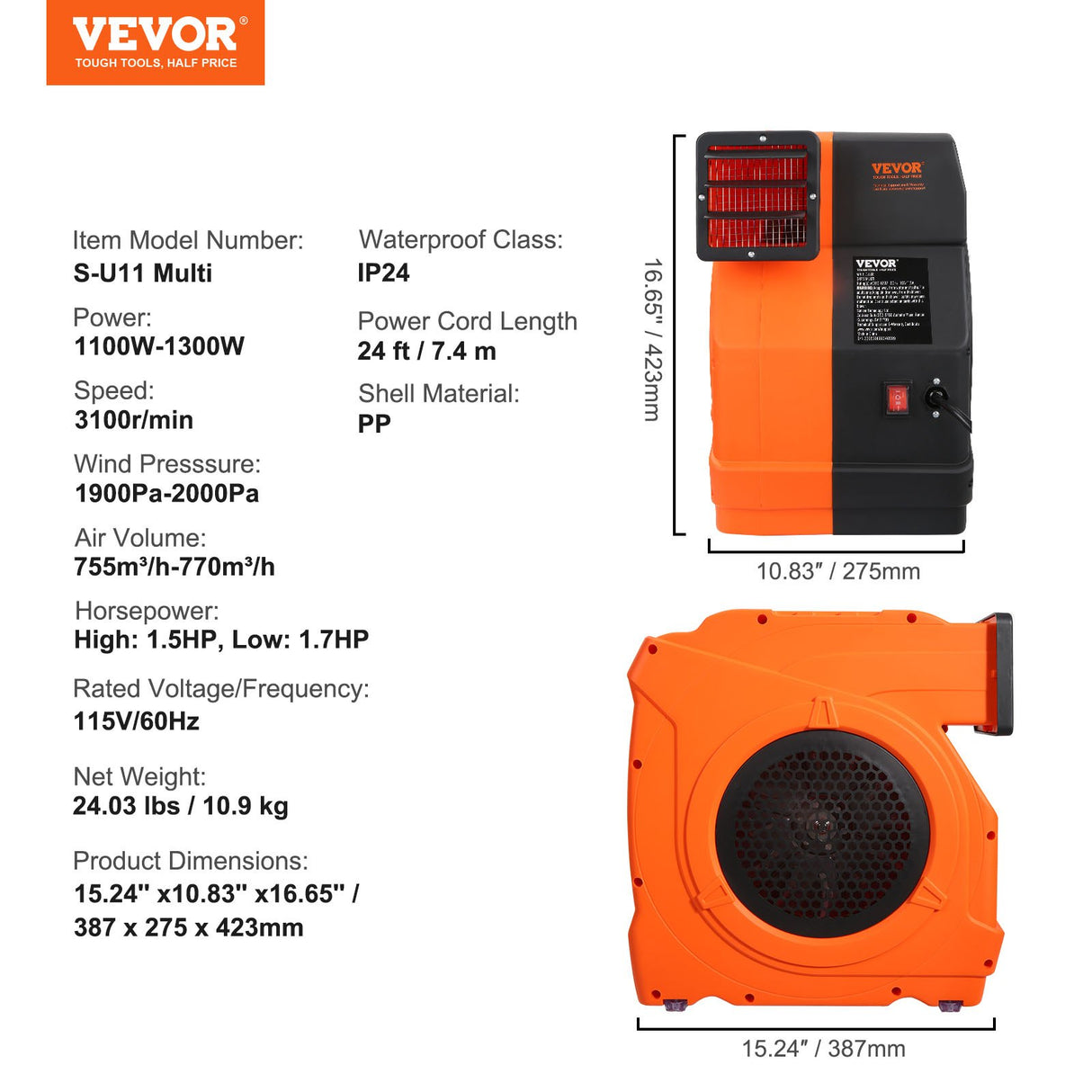 VEVOR Inflatable Blower, 1100W, 1.5 & 1.7 HP Bounce House Blower, Pump Commercial Air Blower for Inflatables, 3100 RPM Bouncy Castle Electric Fan for