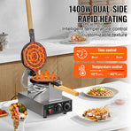 Commercial Bubble Waffle Maker, 1400W Egg Pancake Baker Machine, Non-Stick Stainless Steel Egg Bubble Puff, 180° Rotatable, Temp and Time Control, Wooden Handle, for Restaurant Bakery Snack Bar