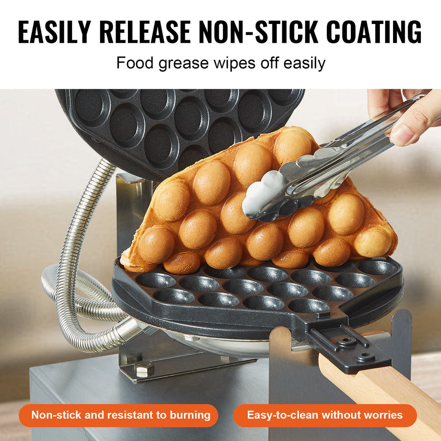 Commercial Bubble Waffle Maker, 1400W Egg Pancake Baker Machine, Non-Stick Stainless Steel Egg Bubble Puff, 180° Rotatable, Temp and Time Control, Wooden Handle, for Restaurant Bakery Snack Bar