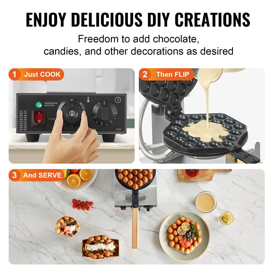 Commercial Bubble Waffle Maker, 1400W Egg Pancake Baker Machine, Non-Stick Stainless Steel Egg Bubble Puff, 180° Rotatable, Temp and Time Control, Wooden Handle, for Restaurant Bakery Snack Bar