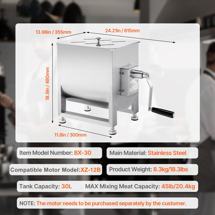 Manual Meat Mixer, 30L Fixed Tank Meat Processing Equipment(Mixing Max 30LBS for Meat), Stainless Steel Meat Mixer, Sausage Mixer Machine with Lid Handle Gear Reducer, Ground Beef Hand Mixer