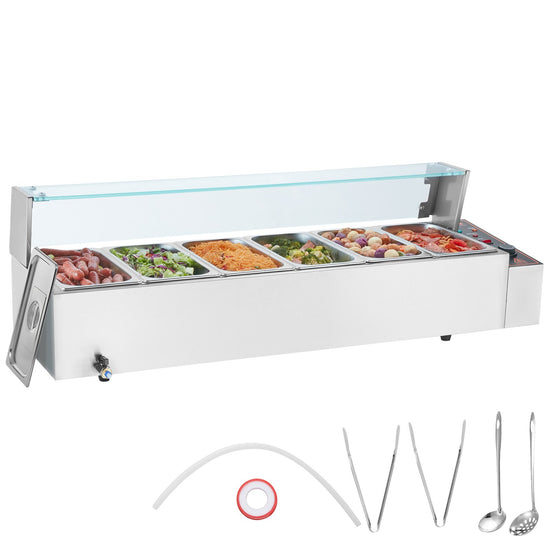 VEVOR Commercial Electric Food Warmer Countertop Buffet 6*5Qt with Glass Shield