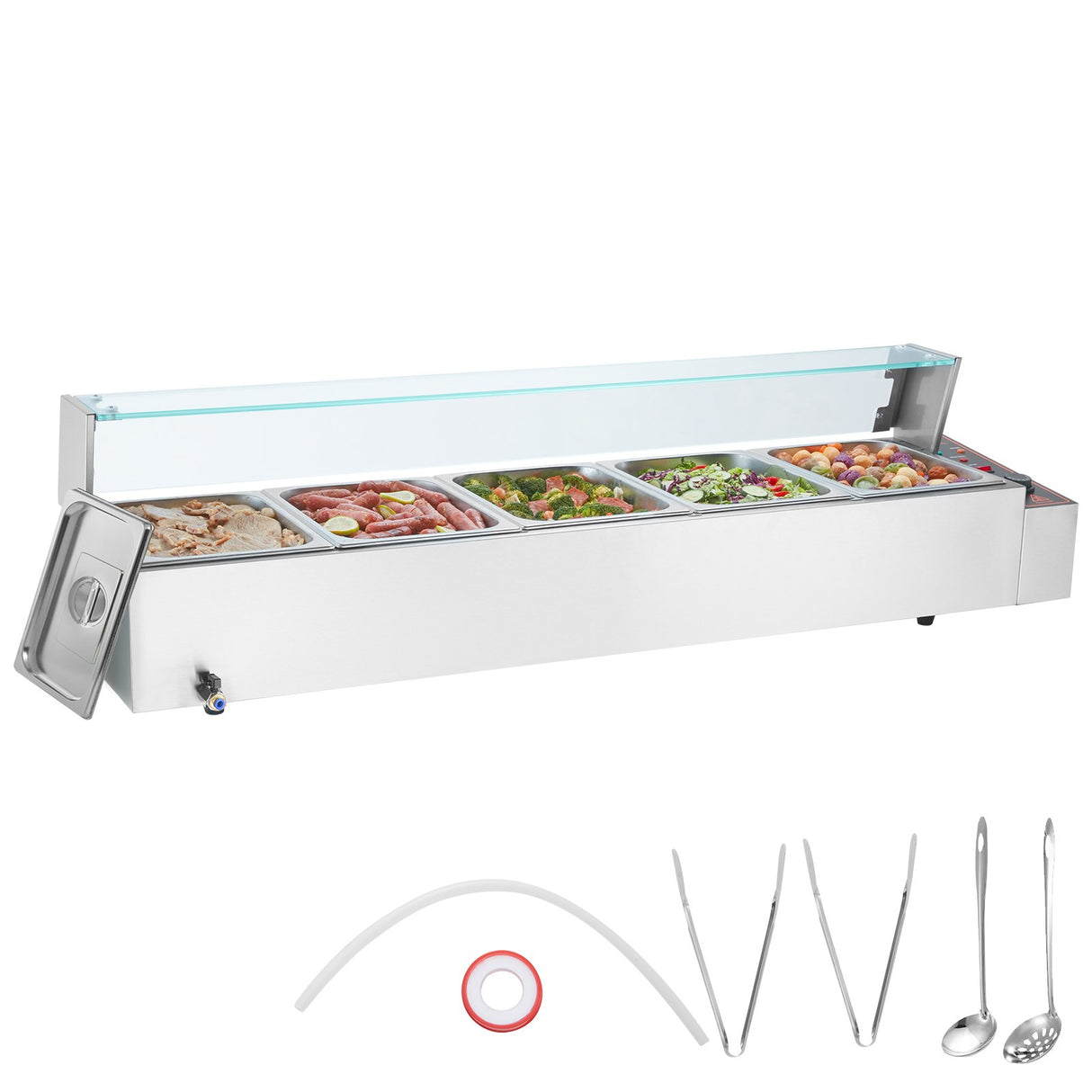 VEVOR Commercial Electric Food Warmer Countertop Buffet 5*8Qt with Glass Shield