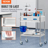VEVOR Lab Serving Cart, 2 Layers Stainless Steel Utility Rolling Cart, Medical Cart with Two Drawers, Dental Utility Cart with Lockable Wheels and A