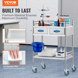 VEVOR Lab Serving Cart 2 Layers Stainless Steel Utility Rolling Cart Medical Cart with Two Drawers Dental Utility Cart with Lockable Wheels and A Bucket for Laboratory Hospital Dental Use - Front View