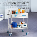 VEVOR Lab Serving Cart, 2 Layers Stainless Steel Utility Rolling Cart, Medical Cart with Two Drawers, Dental Utility Cart with Lockable Wheels and A