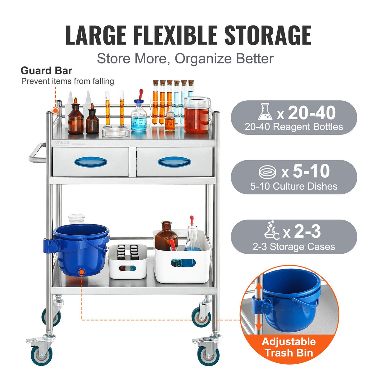 VEVOR Lab Serving Cart 2 Layers Stainless Steel Utility Rolling Cart Medical Cart with Two Drawers Dental Utility Cart with Lockable Wheels and A Bucket for Laboratory Hospital Dental Use