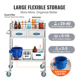 VEVOR Lab Serving Cart 2 Layers Stainless Steel Utility Rolling Cart Medical Cart with Two Drawers Dental Utility Cart with Lockable Wheels and A Bucket for Laboratory Hospital Dental Use - 45-Degree Angle