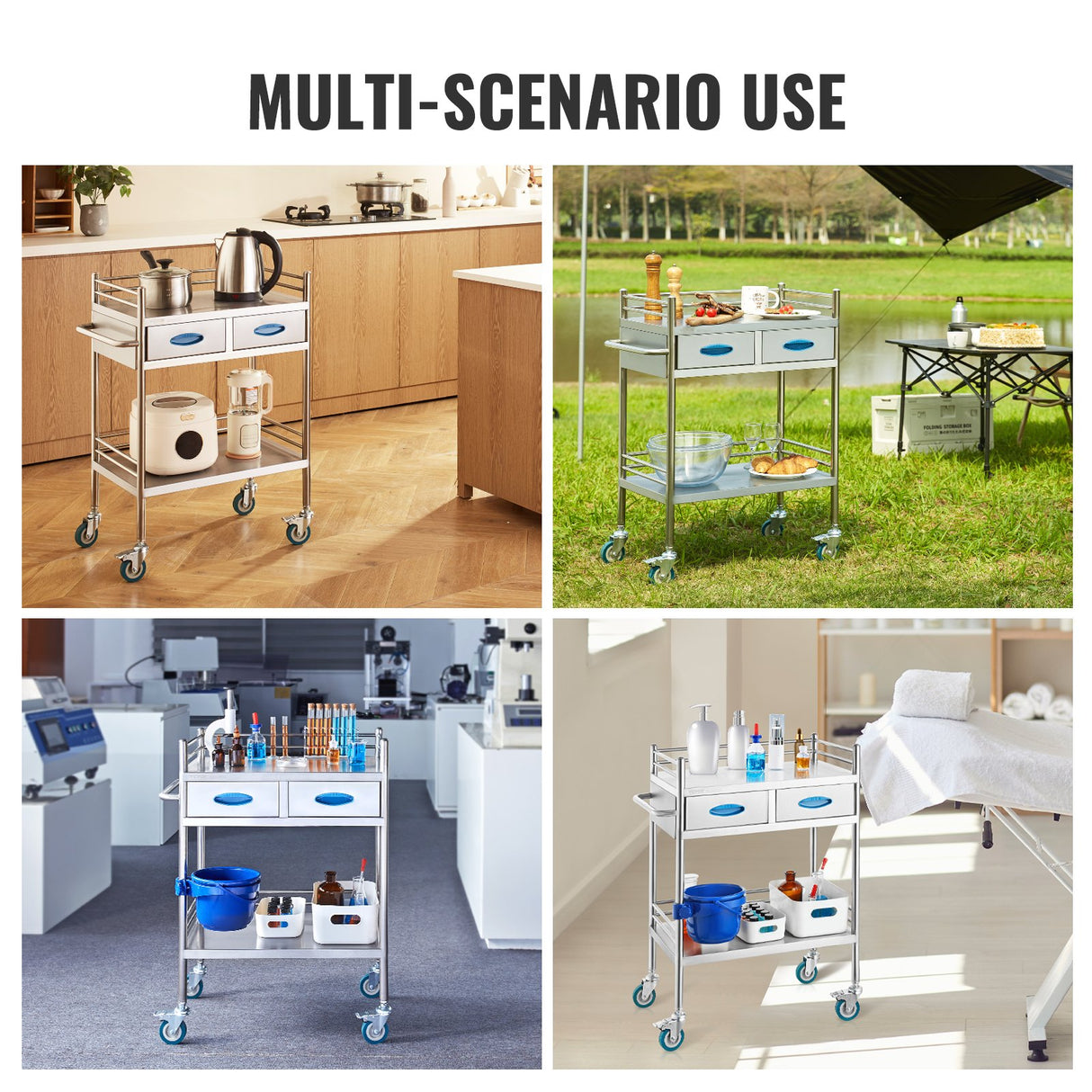 VEVOR Lab Serving Cart 2 Layers Stainless Steel Utility Rolling Cart Medical Cart with Two Drawers Dental Utility Cart with Lockable Wheels and A Bucket for Laboratory Hospital Dental Use