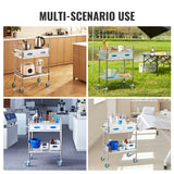 VEVOR Lab Serving Cart 2 Layers Stainless Steel Utility Rolling Cart Medical Cart with Two Drawers Dental Utility Cart with Lockable Wheels and A Bucket for Laboratory Hospital Dental Use - Rear View