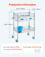 VEVOR Lab Serving Cart, 2 Layers Stainless Steel Utility Rolling Cart, Medical Cart with Two Drawers, Dental Utility Cart with Lockable Wheels and A