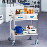 VEVOR Lab Serving Cart 2 Layers Stainless Steel Utility Rolling Cart Medical Cart with Two Drawers Dental Utility Cart with Lockable Wheels and A Bucket for Laboratory Hospital Dental Use - Low Angle