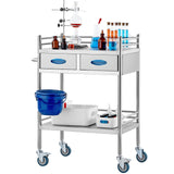 VEVOR Lab Serving Cart 2 Layers Stainless Steel Utility Rolling Cart Medical Cart with Two Drawers Dental Utility Cart with Lockable Wheels and A Bucket for Laboratory Hospital Dental Use - Extra Image