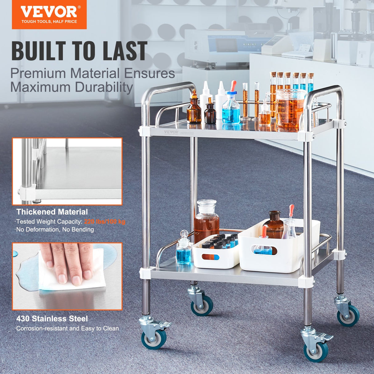 VEVOR Lab Rolling Cart, 2-Shelf Stainless Steel Rolling Cart, Lab Serving Cart with Swivel Casters, Dental Utility Cart for Clinic, Lab, Hospital,