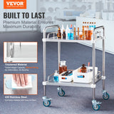 VEVOR Lab Rolling Cart, 2-Shelf Stainless Steel Rolling Cart, Lab Serving Cart with Swivel Casters, Dental Utility Cart for Clinic, Lab, Hospital,
