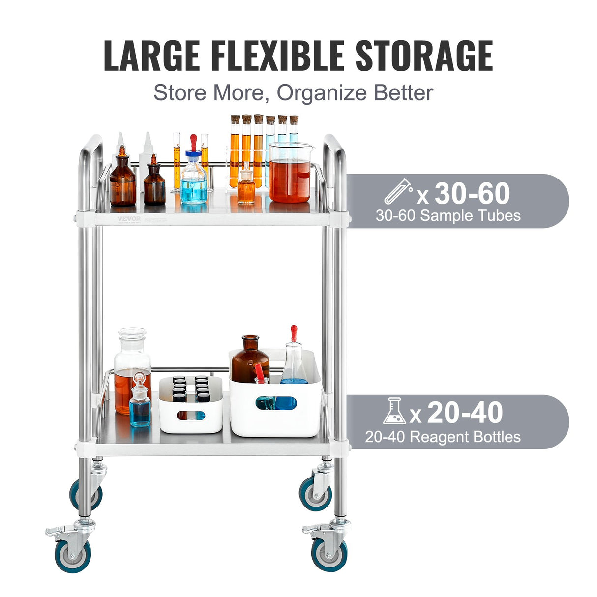 VEVOR Lab Rolling Cart, 2-Shelf Stainless Steel Rolling Cart, Lab Serving Cart with Swivel Casters, Dental Utility Cart for Clinic, Lab, Hospital,