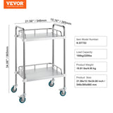 VEVOR Lab Rolling Cart, 2-Shelf Stainless Steel Rolling Cart, Lab Serving Cart with Swivel Casters, Dental Utility Cart for Clinic, Lab, Hospital,