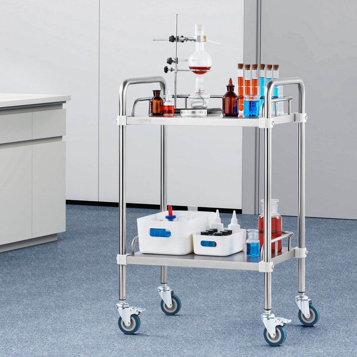 VEVOR Lab Rolling Cart, 2-Shelf Stainless Steel Rolling Cart, Lab Serving Cart with Swivel Casters, Dental Utility Cart for Clinic, Lab, Hospital,