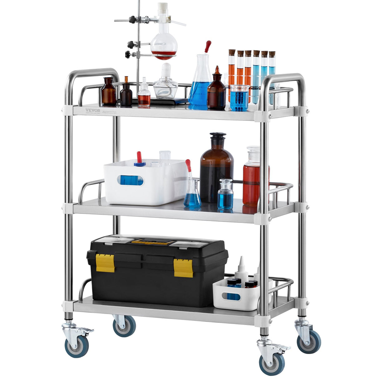 VEVOR Lab Rolling Cart, 3-Shelf Stainless Steel Rolling Cart, Lab Serving Cart with Swivel Casters, Dental Utility Cart for Clinic, Lab, Hospital,