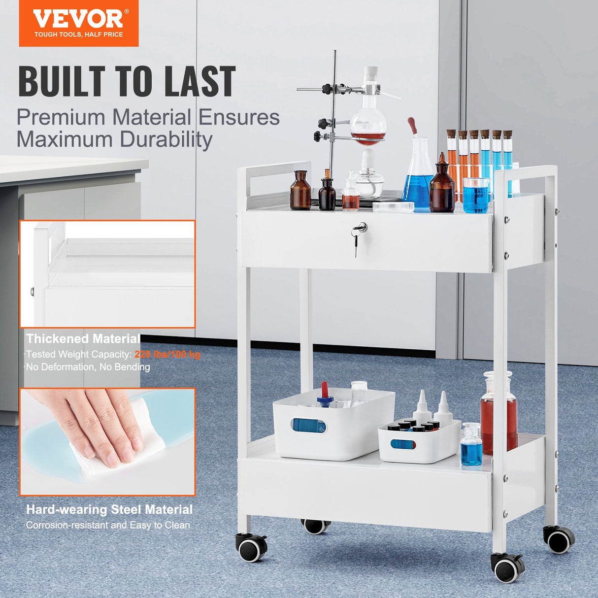 VEVOR Lab Cart 2 Tiers Stainless Steel Utility Cart Medical Cart with 2 Drawers Rolling Lab Cart White Paint Serving Cart with Swivel Casters for Laboratory Hospital Dental Salon and Beauty