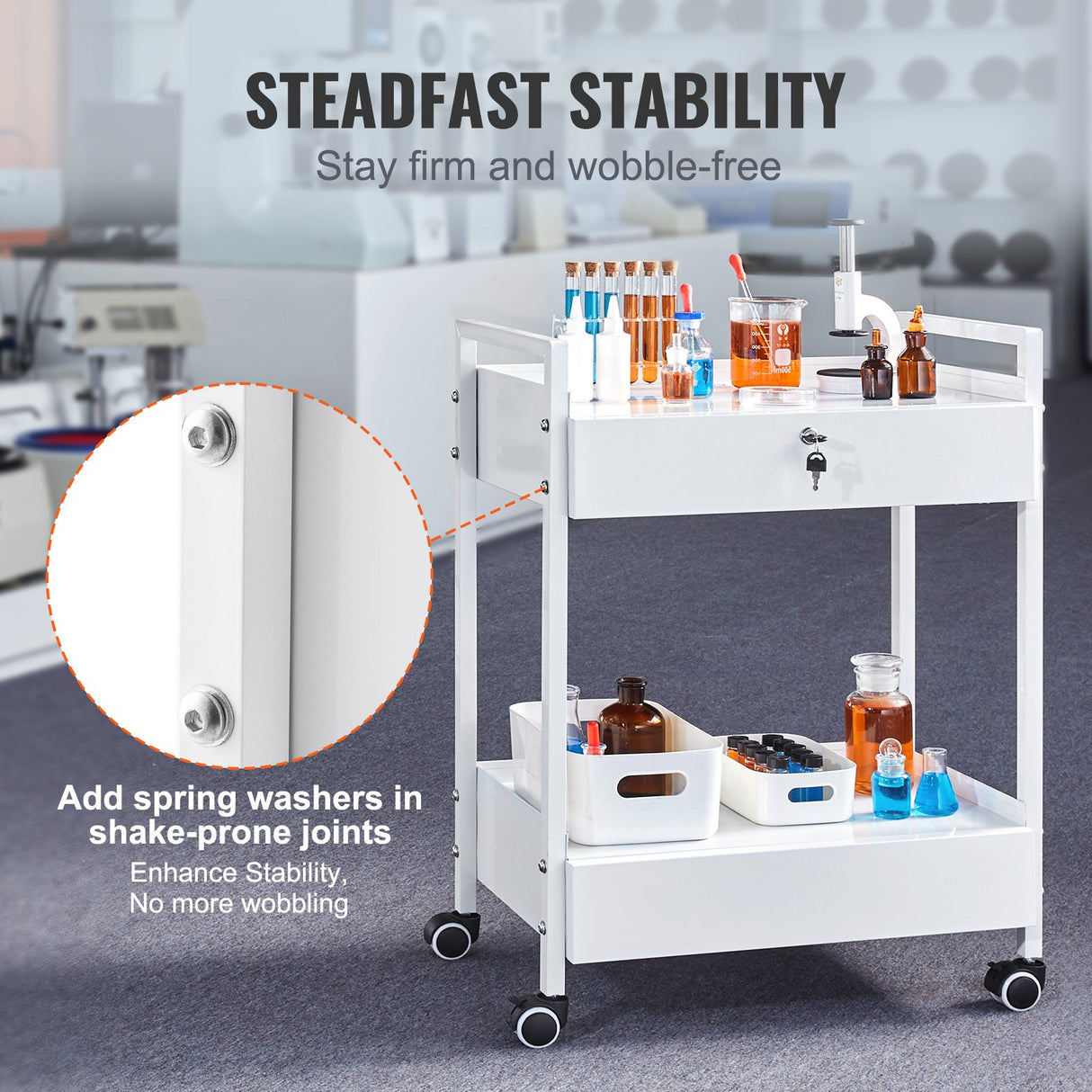 VEVOR Lab Cart 2 Tiers Stainless Steel Utility Cart Medical Cart with 2 Drawers Rolling Lab Cart White Paint Serving Cart with Swivel Casters for Laboratory Hospital Dental Salon and Beauty