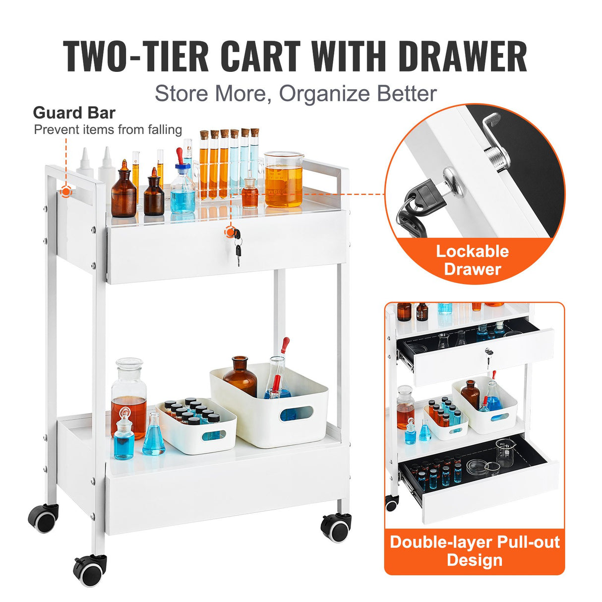 VEVOR Lab Cart 2 Tiers Stainless Steel Utility Cart Medical Cart with 2 Drawers Rolling Lab Cart White Paint Serving Cart with Swivel Casters for Laboratory Hospital Dental Salon and Beauty