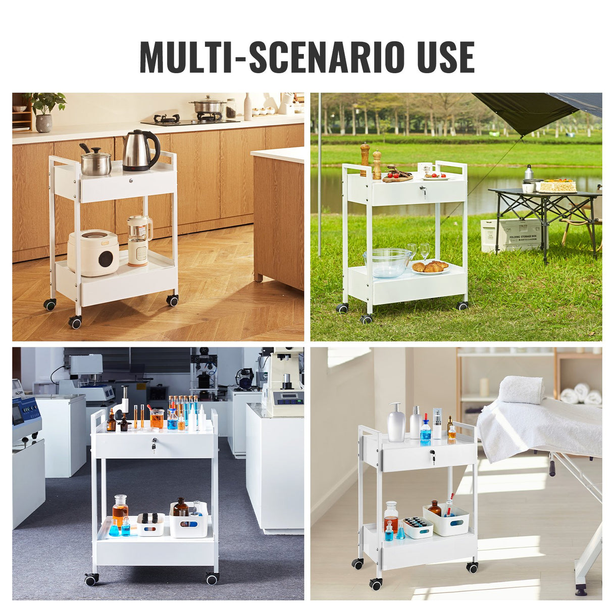 VEVOR Lab Cart 2 Tiers Stainless Steel Utility Cart Medical Cart with 2 Drawers Rolling Lab Cart White Paint Serving Cart with Swivel Casters for Laboratory Hospital Dental Salon and Beauty