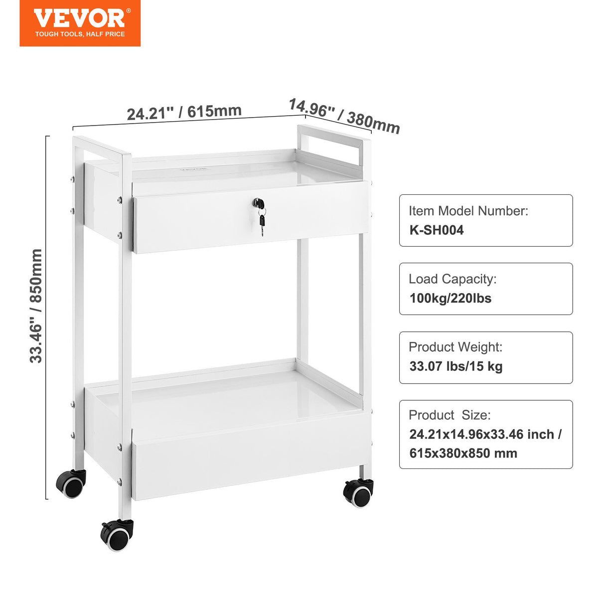 VEVOR Lab Cart 2 Tiers Stainless Steel Utility Cart Medical Cart with 2 Drawers Rolling Lab Cart White Paint Serving Cart with Swivel Casters for Laboratory Hospital Dental Salon and Beauty