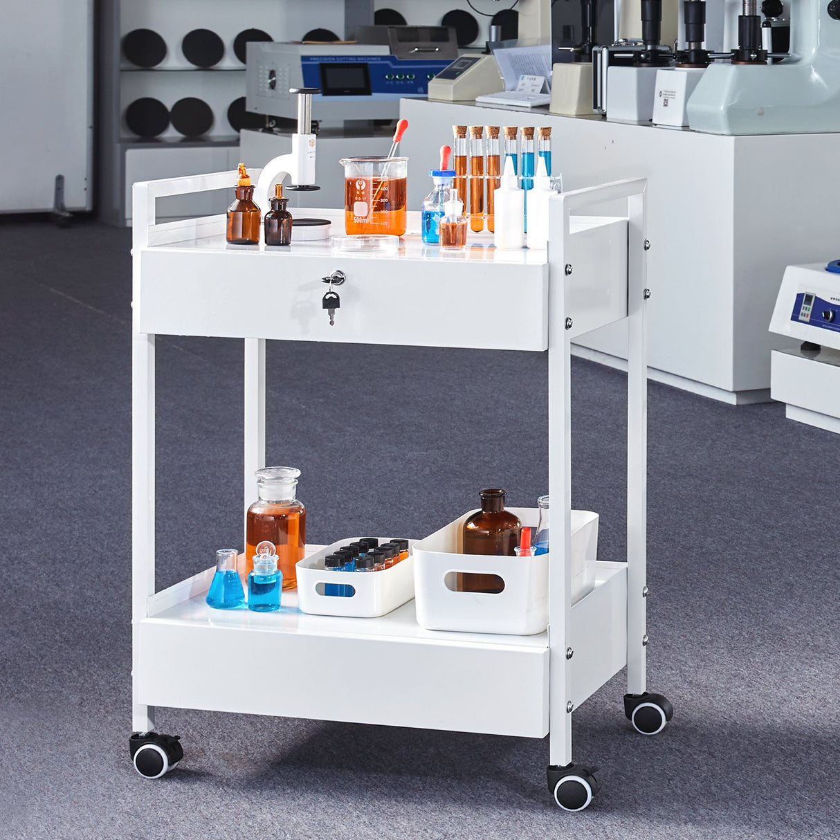 VEVOR Lab Cart 2 Tiers Stainless Steel Utility Cart Medical Cart with 2 Drawers Rolling Lab Cart White Paint Serving Cart with Swivel Casters for Laboratory Hospital Dental Salon and Beauty