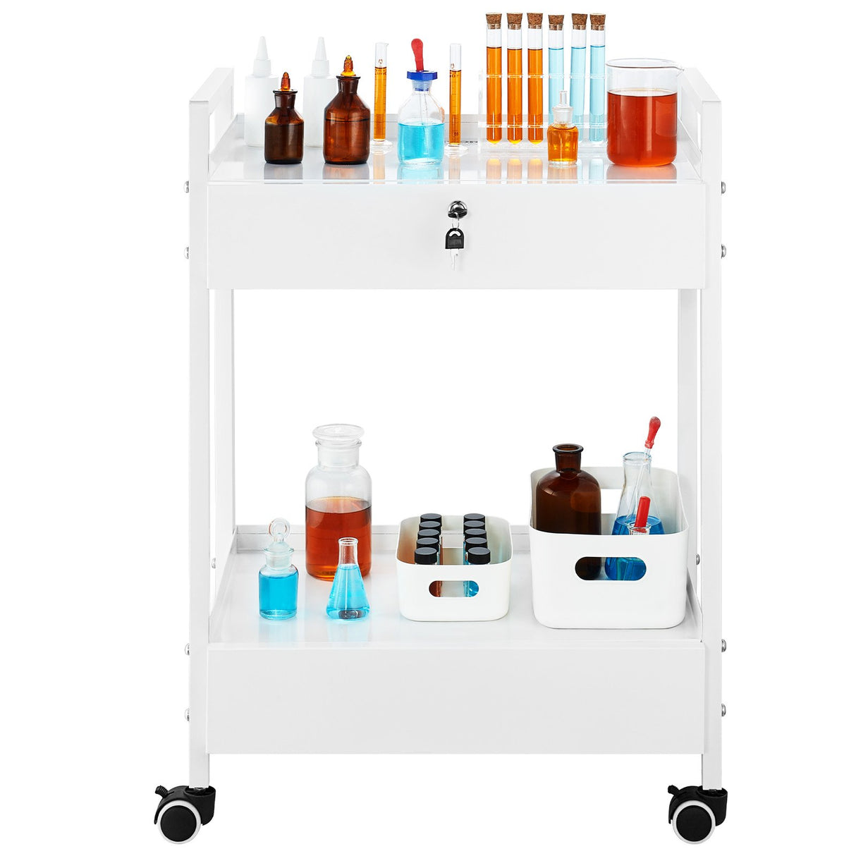 VEVOR Lab Cart 2 Tiers Stainless Steel Utility Cart Medical Cart with 2 Drawers Rolling Lab Cart White Paint Serving Cart with Swivel Casters for Laboratory Hospital Dental Salon and Beauty