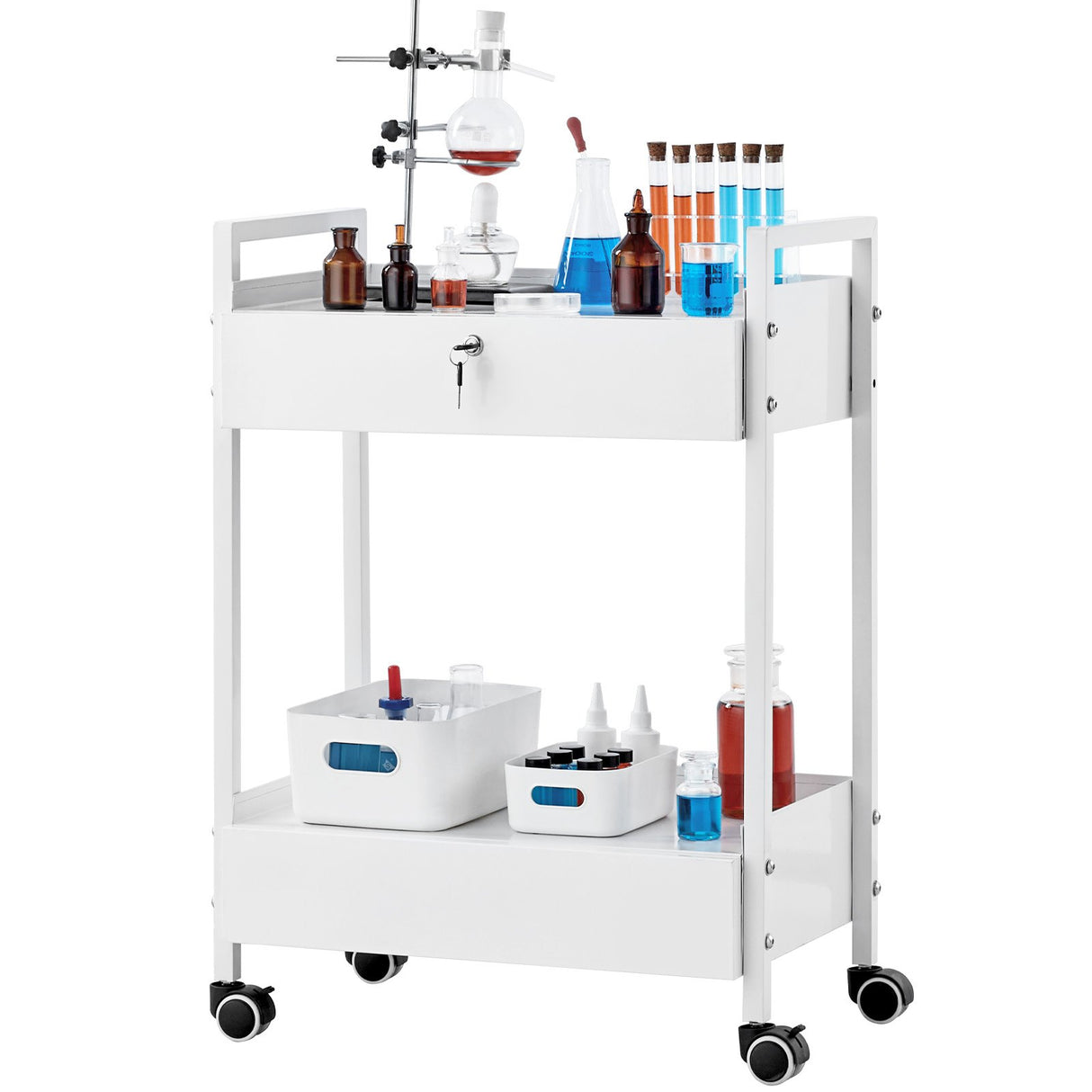 VEVOR Lab Cart 2 Tiers Stainless Steel Utility Cart Medical Cart with 2 Drawers Rolling Lab Cart White Paint Serving Cart with Swivel Casters for Laboratory Hospital Dental Salon and Beauty