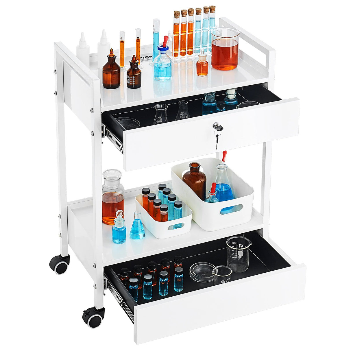 VEVOR Lab Cart 2 Tiers Stainless Steel Utility Cart Medical Cart with 2 Drawers Rolling Lab Cart White Paint Serving Cart with Swivel Casters for Laboratory Hospital Dental Salon and Beauty