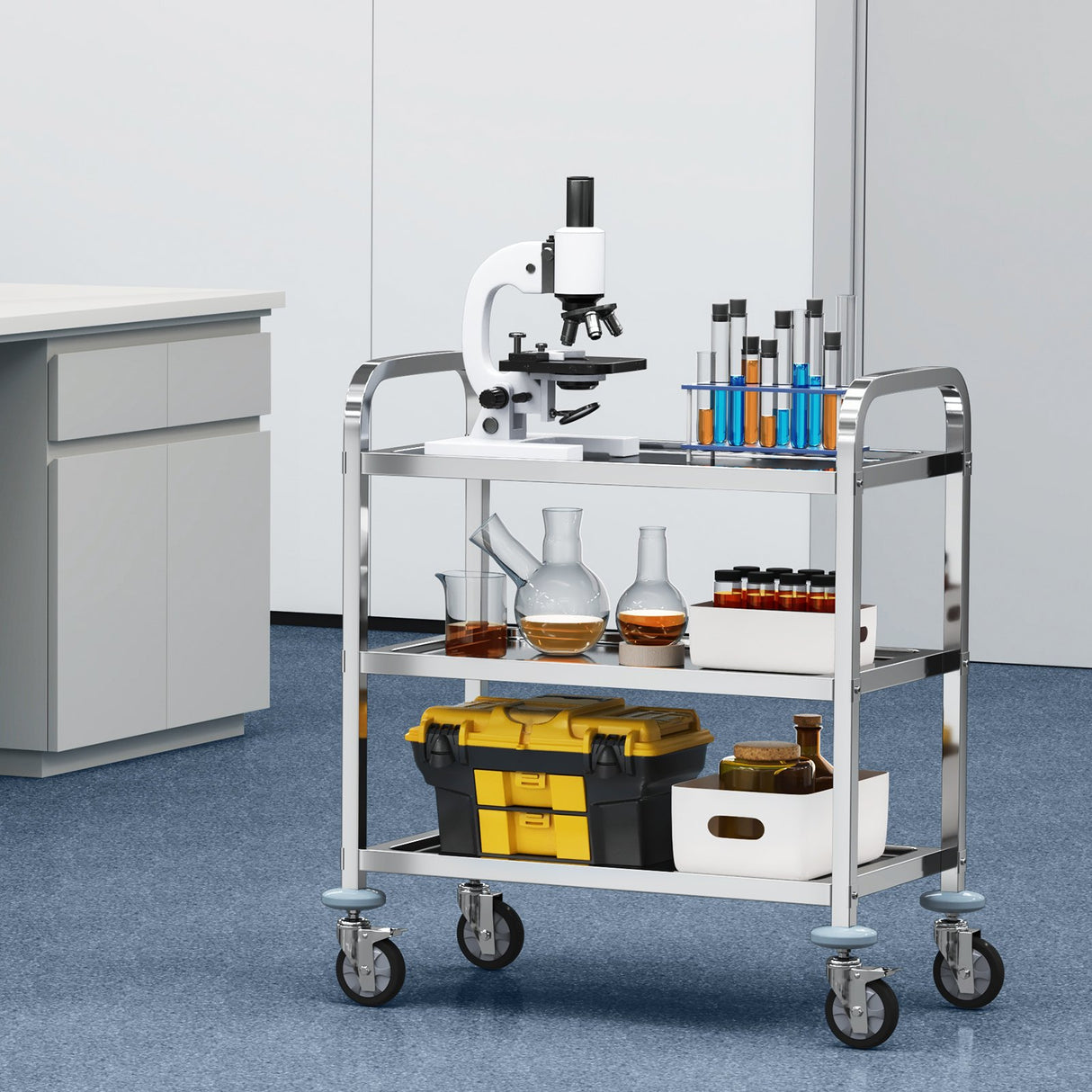 VEVOR Stainless Steel Cart, 3 Layers Lab Utility Cart 181 kg Weight Capacity, Medical Cart with Lockable Universal Wheels, for Lab, Clinic, Kitchen, Salon