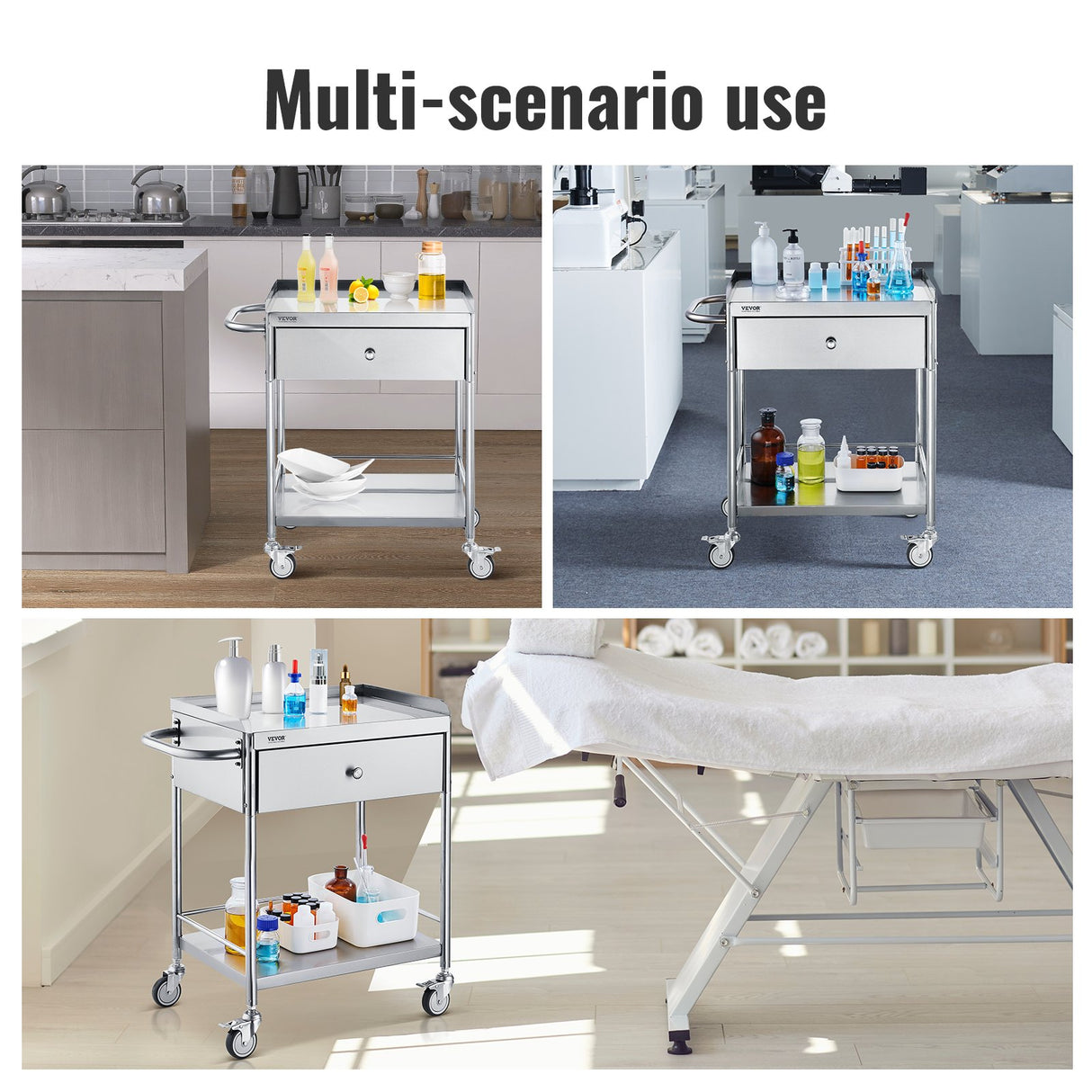 VEVOR Medical Cart 2 Layer stainless Steel Cart100 kg Weight Capacity Utility Cart Silent Wheels and a Drawer for Lab Clinic kitchen Salon