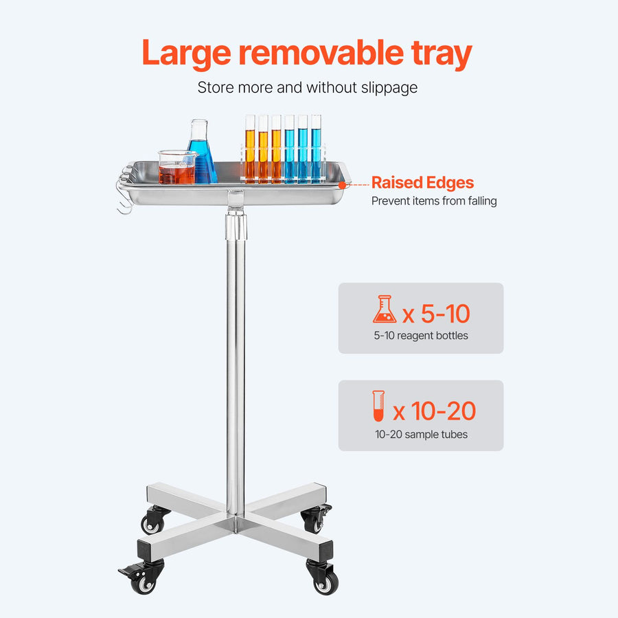 Mayo Stand, Stainless Steel Mayo Tray, Load Capacity up to 35 lbs, Adjustable Height 25.2"-39.8", Medical Tray on Wheels with Removable Tray for Spa, Salon, Clinic, Personal Care