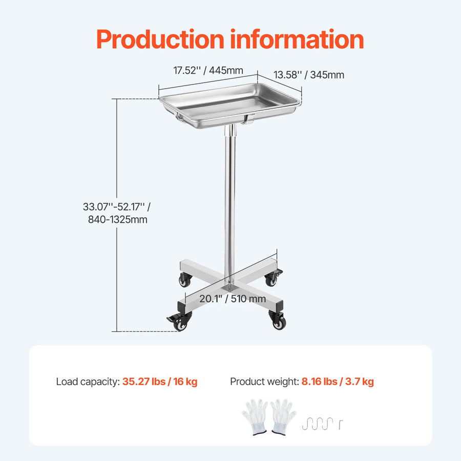 Mayo Stand, Stainless Steel Mayo Tray, Load Capacity up to 35 lbs, Adjustable Height 25.2"-39.8", Medical Tray on Wheels with Removable Tray for Spa, Salon, Clinic, Personal Care