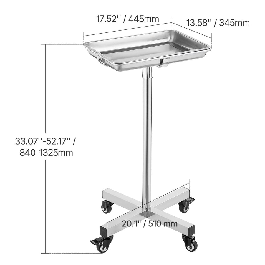 Mayo Stand, Stainless Steel Mayo Tray, Load Capacity up to 35 lbs, Adjustable Height 25.2"-39.8", Medical Tray on Wheels with Removable Tray for Spa, Salon, Clinic, Personal Care