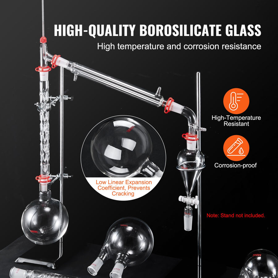 Lab Distillation Kit, 3.3 Boro Lab Glassware Distillation Kit with 24, 40 Joint, 1000ml Essential Oil Distillation Apparatus Kit, 32 pcs Set of Glassware Equipment