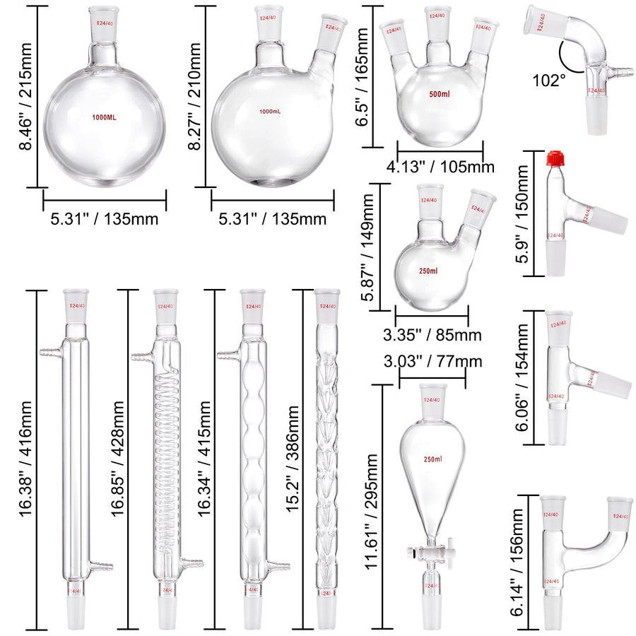 Lab Distillation Kit, 3.3 Boro Lab Glassware Distillation Kit with 24, 40 Joint, 1000ml Essential Oil Distillation Apparatus Kit, 32 pcs Set of Glassware Equipment