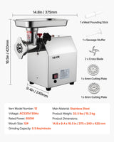 VEVOR Commercial Electric Meat Grinder 5.5 Lbs/Min Sausage Stuffer Maker Kitchen - Close-Up Angle