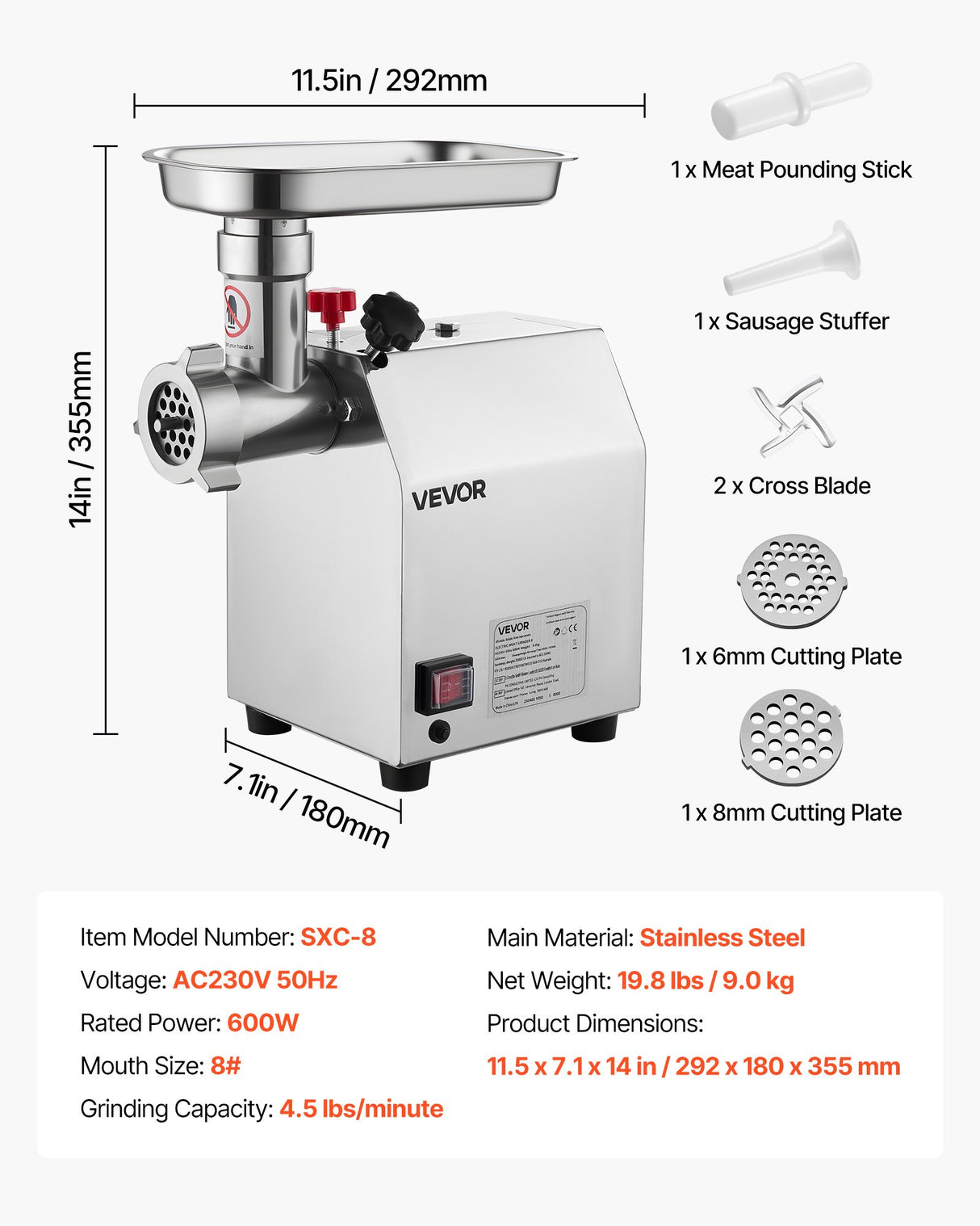 VEVOR Commercial Electric Meat Grinder 4.5 Lbs/Min Sausage Stuffer Maker Kitchen
