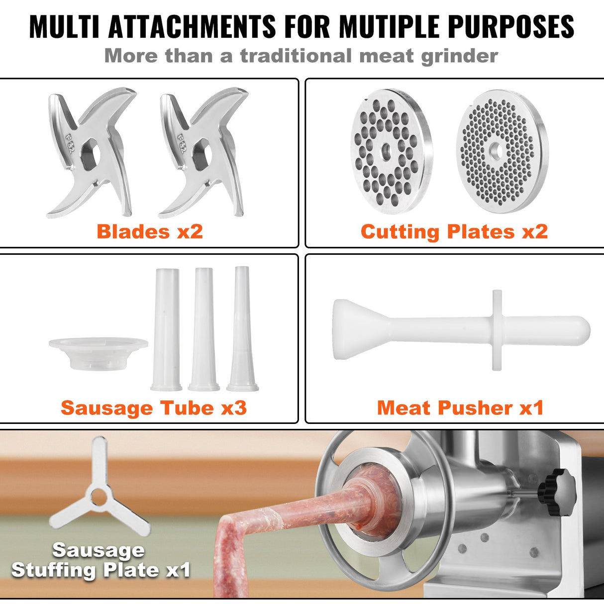Electric Meat Grinder, 9.5 Kg/Min Capacity, Countertop Industrial Meat Mincer w/ Blade, Grinding Plate, Sausage Maker & Kubbe Kit, Carbon Steel Commercial Meat Grinder for Kitchen Restaurant