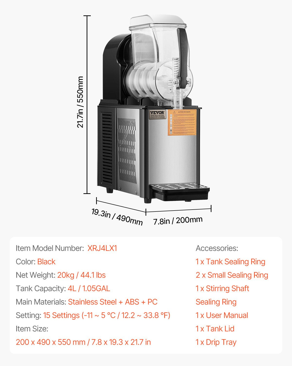 Commercial Slushy Machine, 4L Single Tank Frozen Drink Machine, 16 Cups Stainless Steel Margarita Smoothie Frozen Drink Maker, Slushie Maker for Home Party Restaurants Cafe Bars